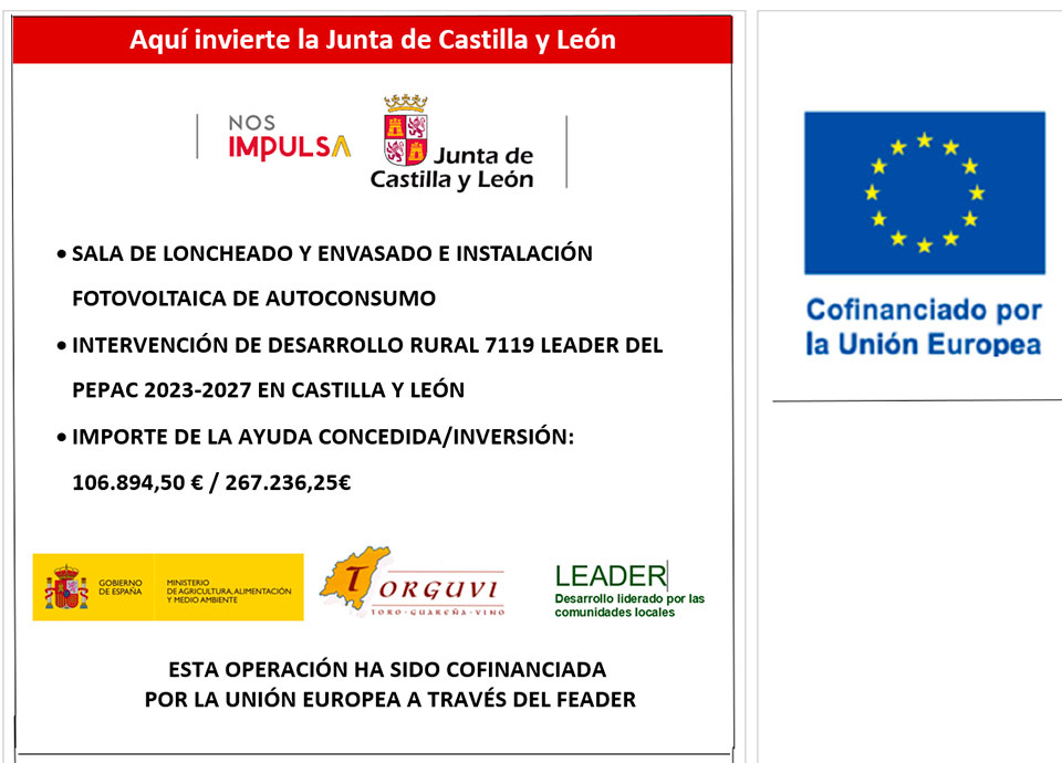 Aquí invierte la Junta de Castilla y León. Sala de loncheado y envasado e instalación fotovoltaica de autoconsumo. Intervención de Desarrollo Rural 7119 LEADER del PEPAC 2023-2027 en Castilla y León. Operación cofinanciada por la Unión Europea a través del FEADER.